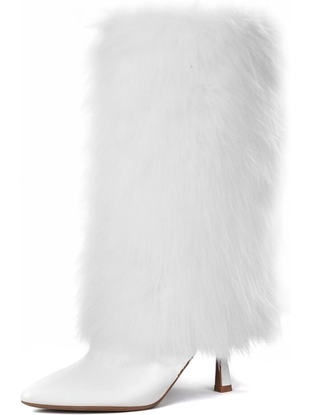 Women's White Kitten Heel Mid Calf Fur Boots Pointed Toe Short Boot Side Zip